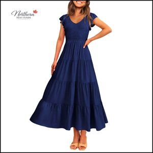 Summer Maxi Dress V Neck Cap Sleeve Smocked Flowy Beach Sundress